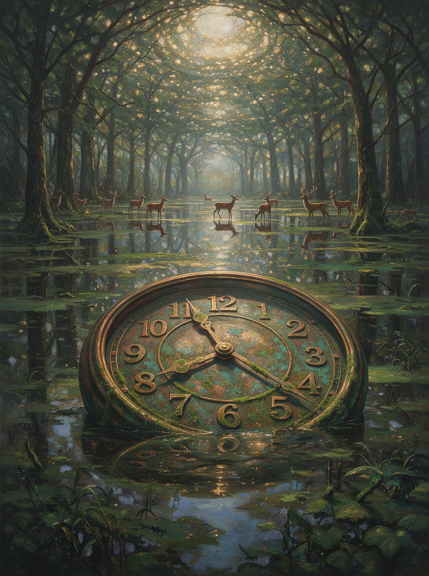 Mossy Vintage Clock Forest Swamp Deer Surreal Oil Painting