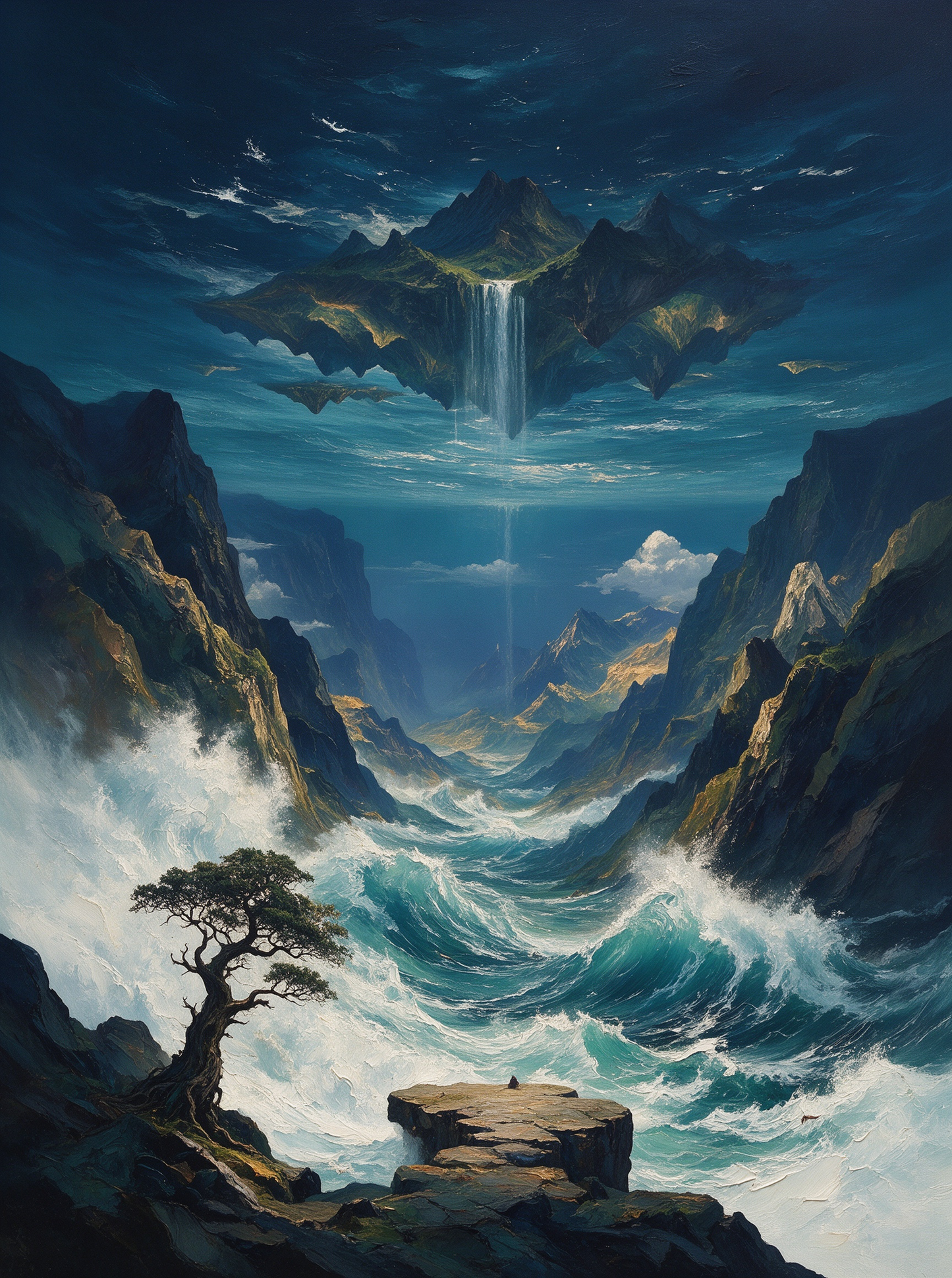 Floating Island Waterfall Canyon Sea Surreal Oil Painting