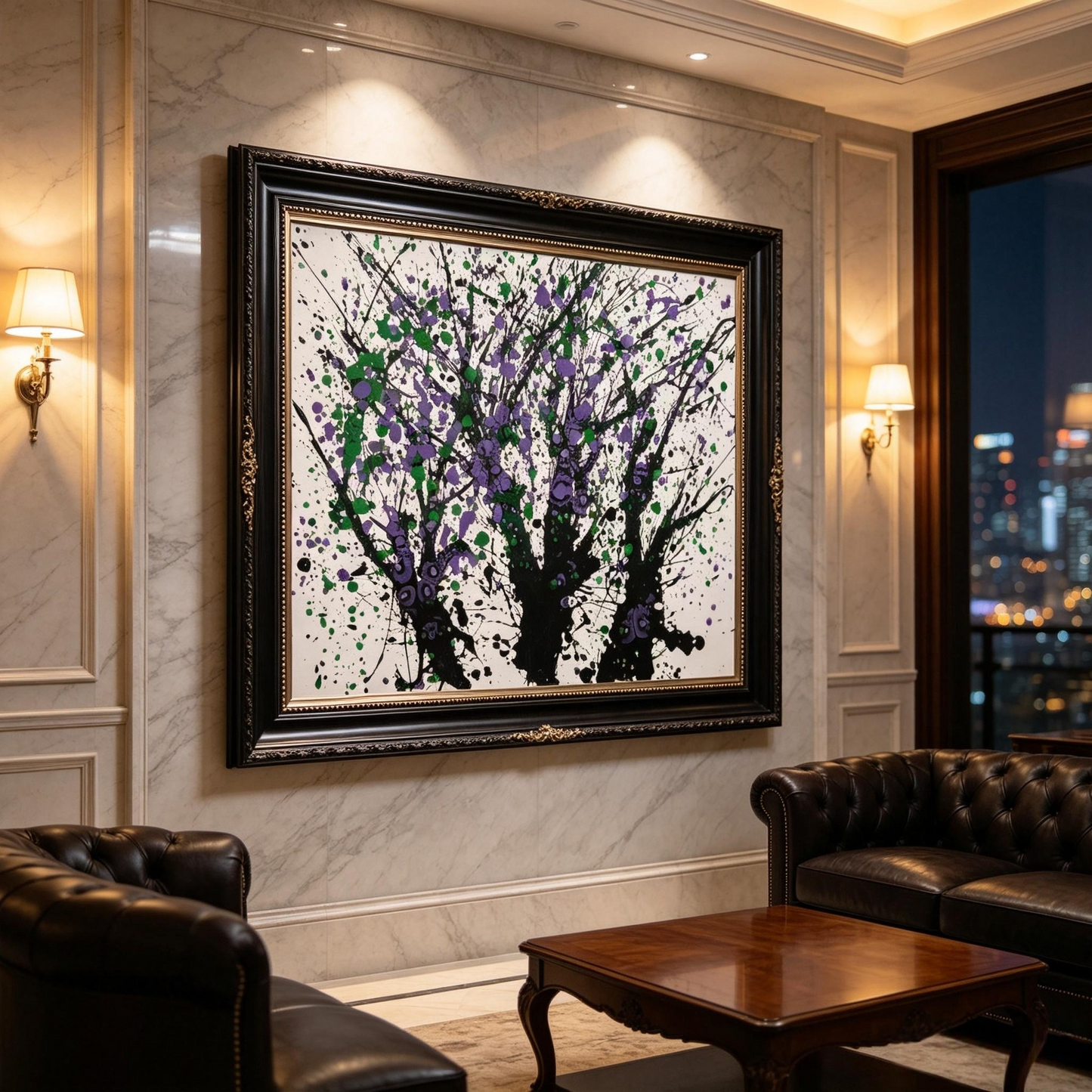 Abstract oil painting of dark tree branches with purple and green splatter dots on a light background