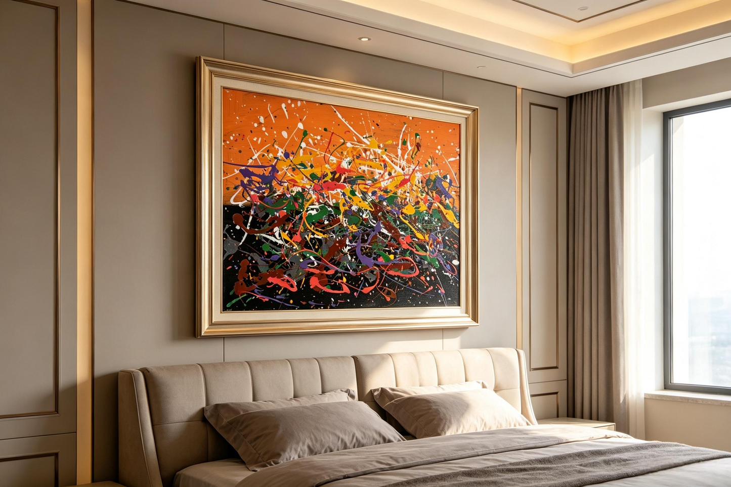 Abstract drip oil painting with multicolor lines over an orange and black split background
