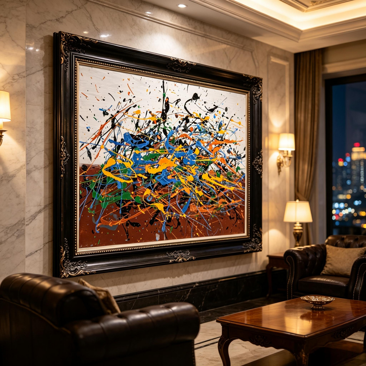 Abstract oil painting with blue loops, orange lines and black drips over a white and brown ground