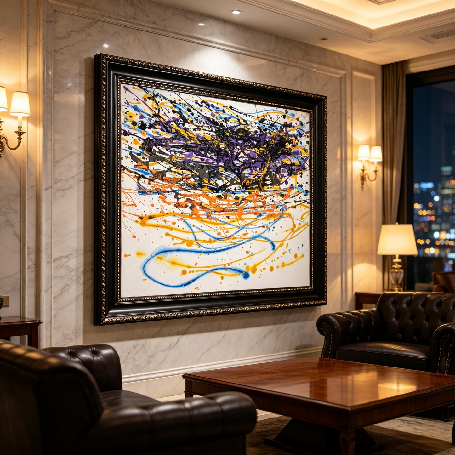 Abstract oil painting with colorful paint splashes and flowing lines on white ground