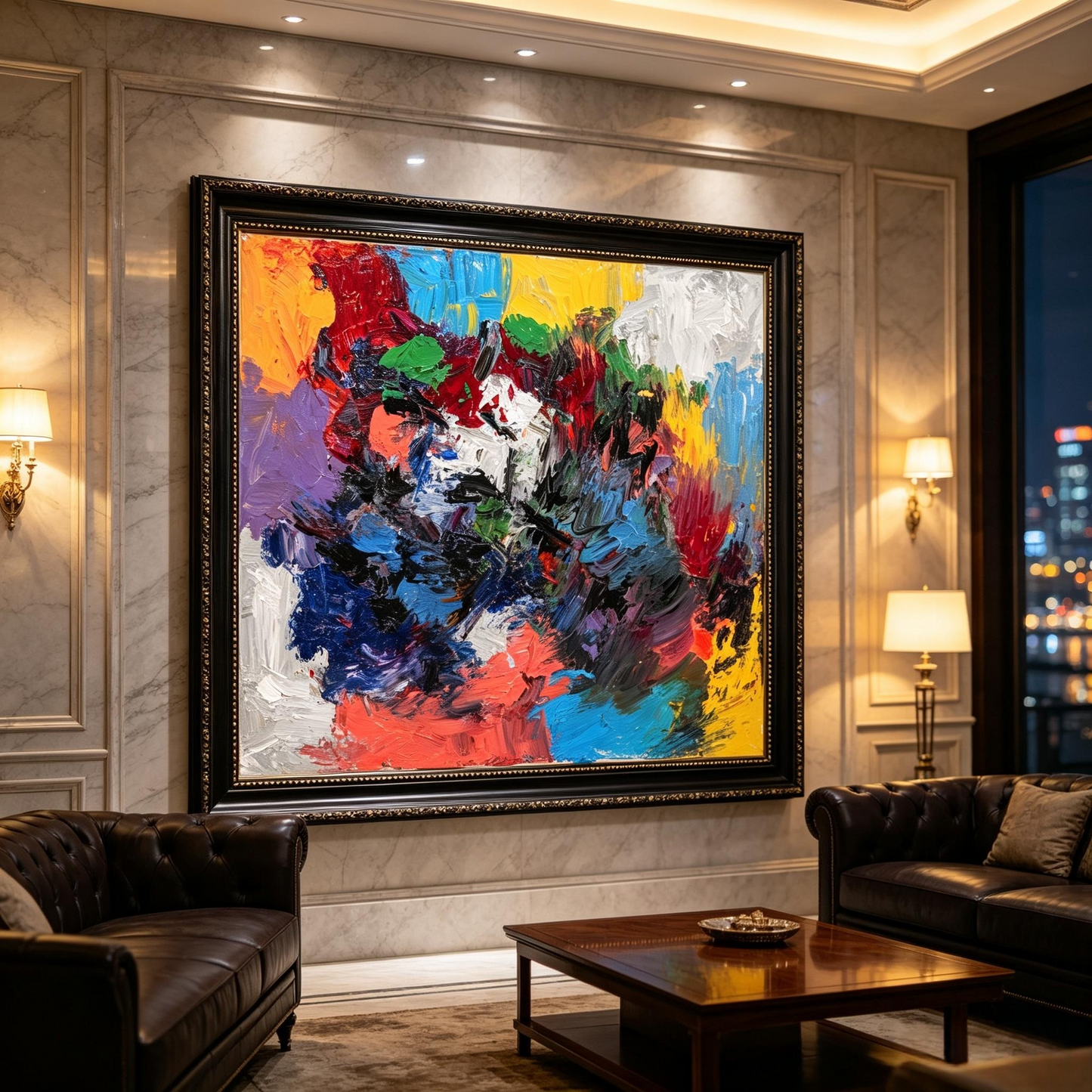 Abstract oil painting with bold color blocks in orange, yellow, blue, green and red