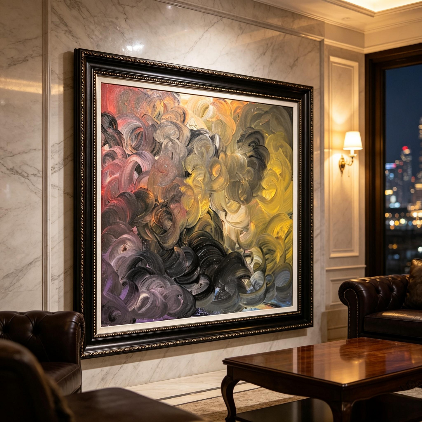 Abstract oil painting with swirling earth tone strokes in taupe, gold, grey and purple