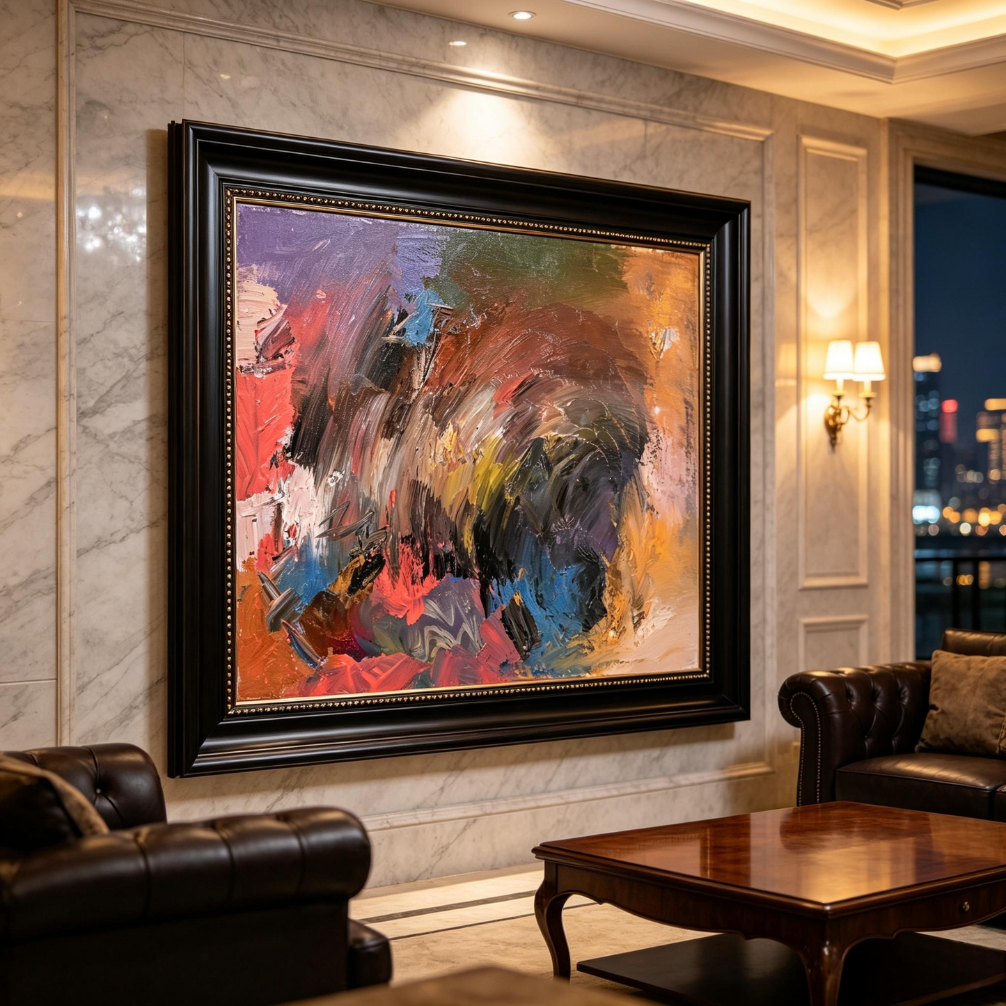 Abstract oil painting with bold strokes of purple, orange, red, blue and black on canvas