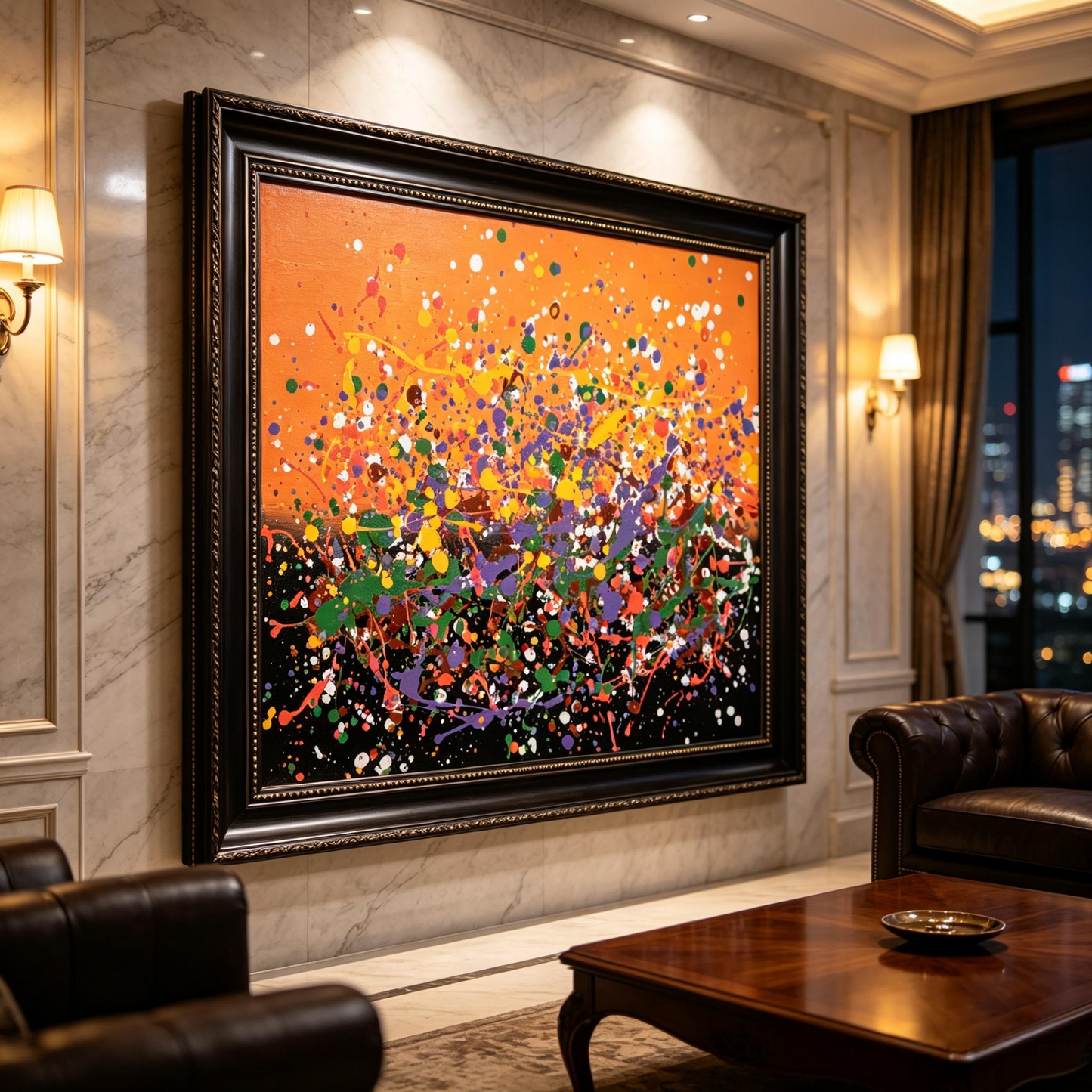Abstract oil painting with colorful splatter dots on orange and black background