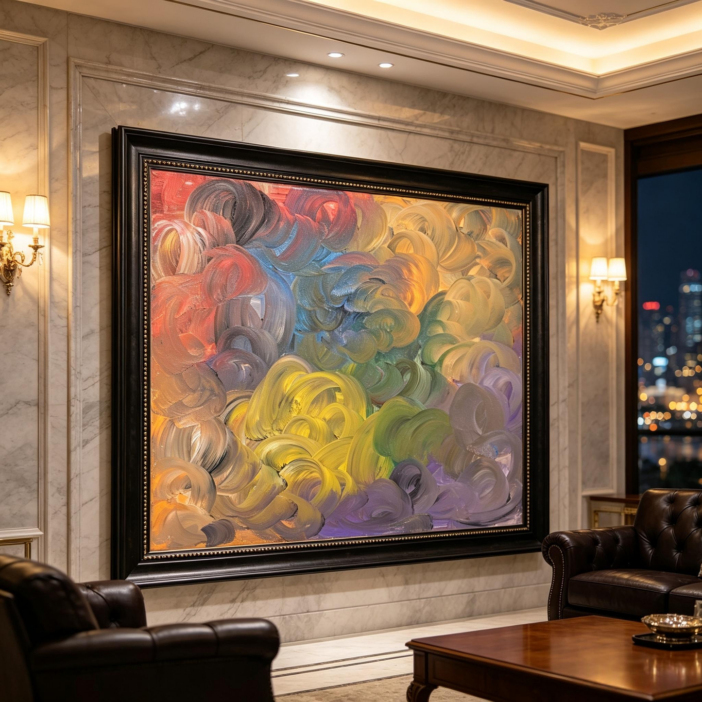 Muted abstract oil painting with soft swirls of grey-purple, pale yellow and pink
