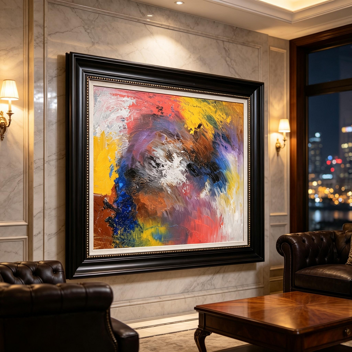 Abstract oil painting with bold blocks of yellow, red, blue, purple, white and grey