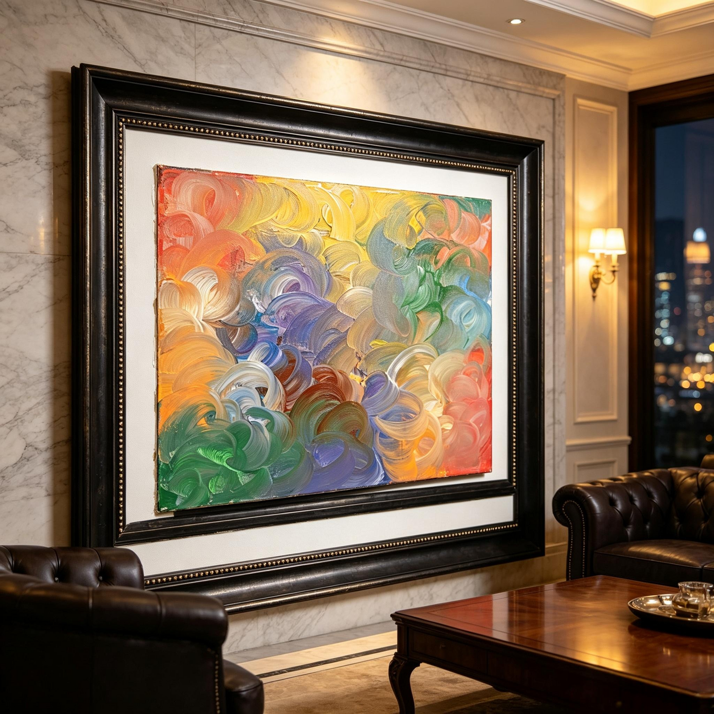 Bright abstract oil painting with flowing swirls of yellow, pink, blue and green