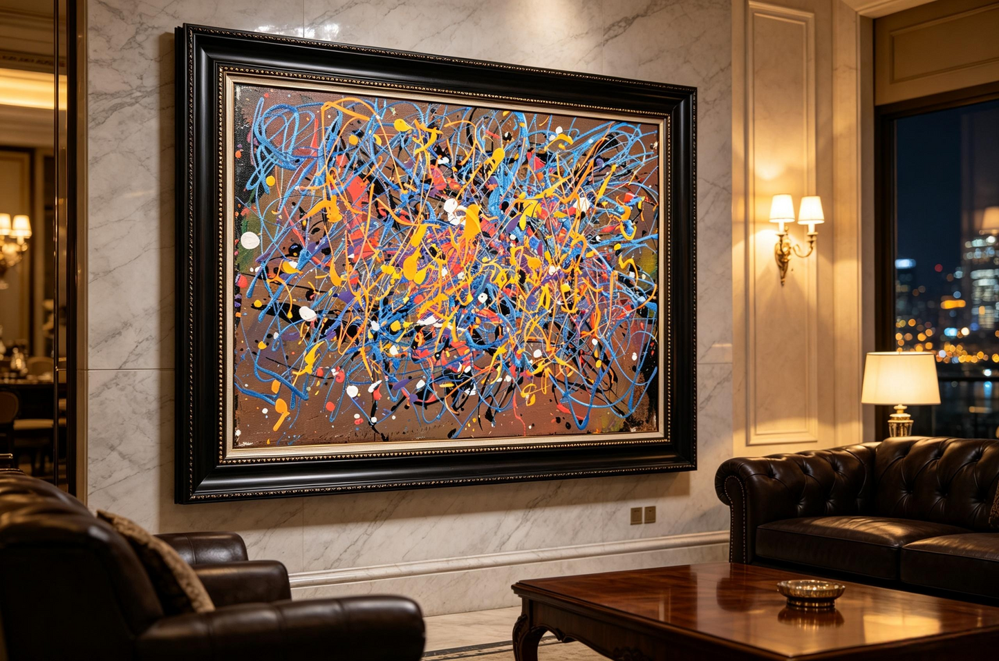 Abstract oil painting with blue and orange drip lines over brown background