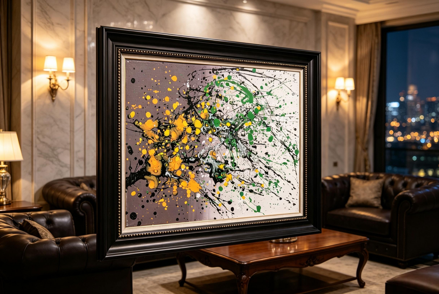 Abstract oil painting with orange and green splatters on purple-gray and cream base