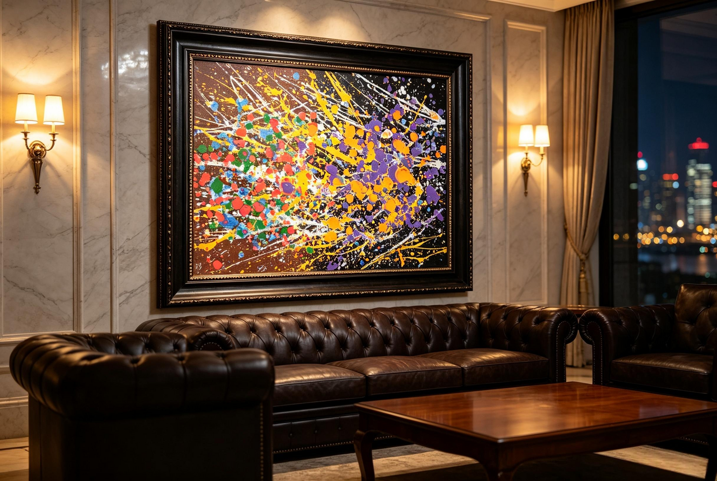 Abstract oil painting with multicolor splatters on rich brown base with white splash lines