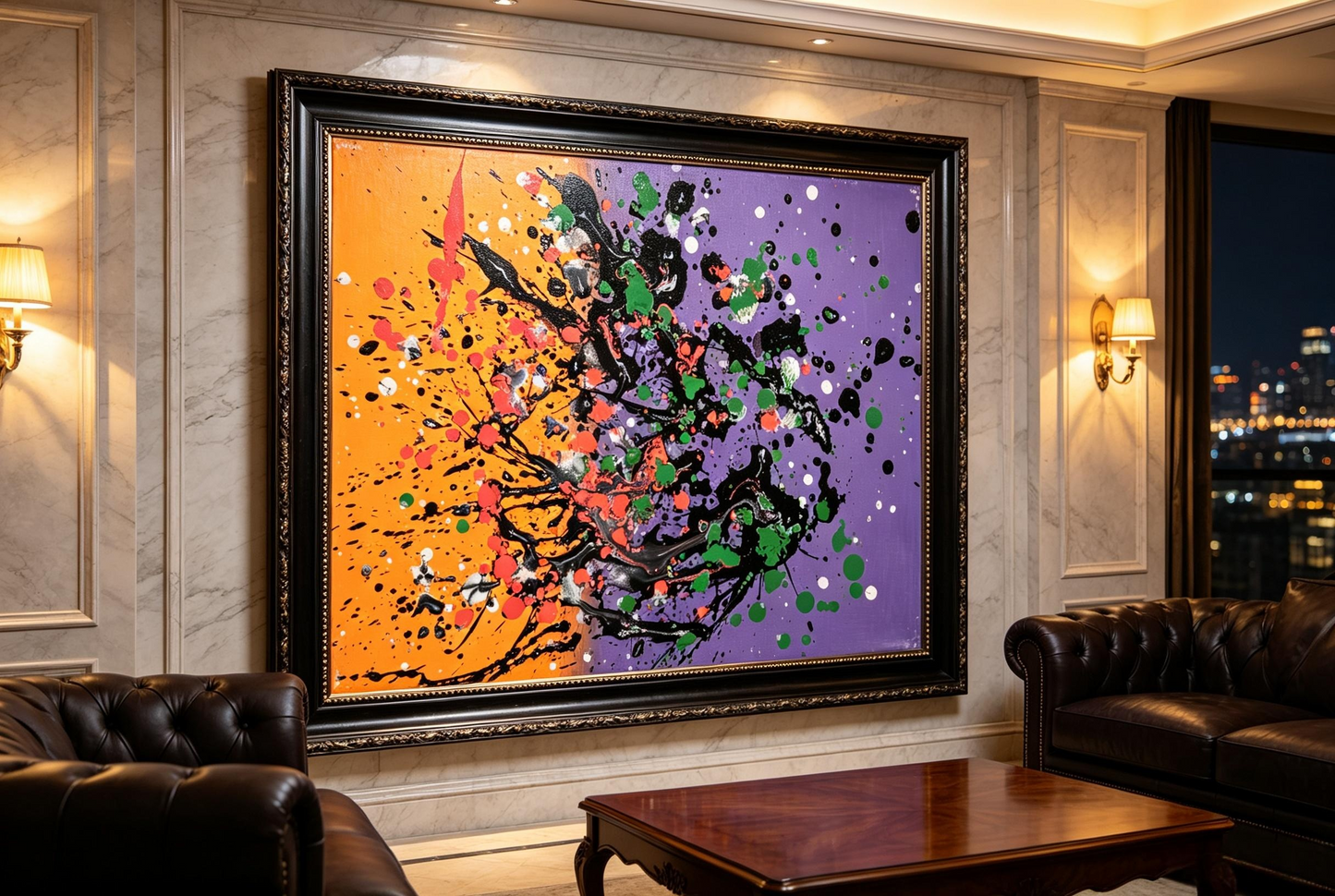 Abstract oil painting with orange and purple split background and black splash pattern