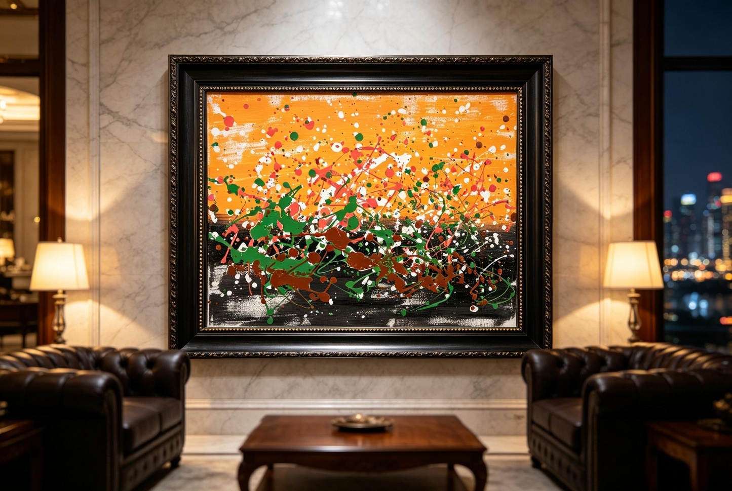 Abstract oil painting with orange upper section, black gray base, and green brown drip details