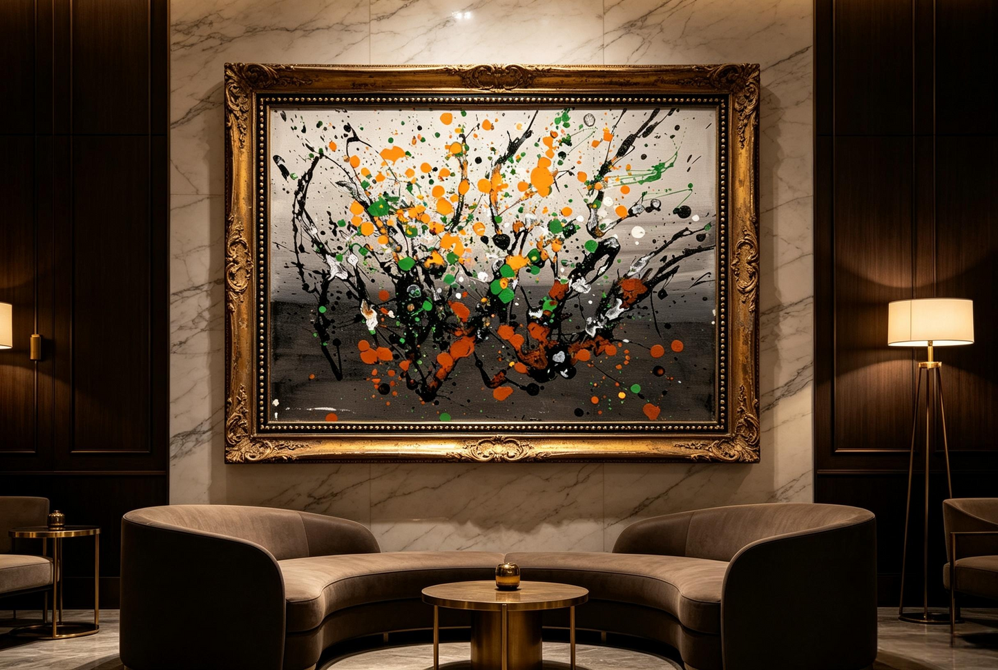 Abstract oil painting with gray gradient background and black branch-like splash pattern