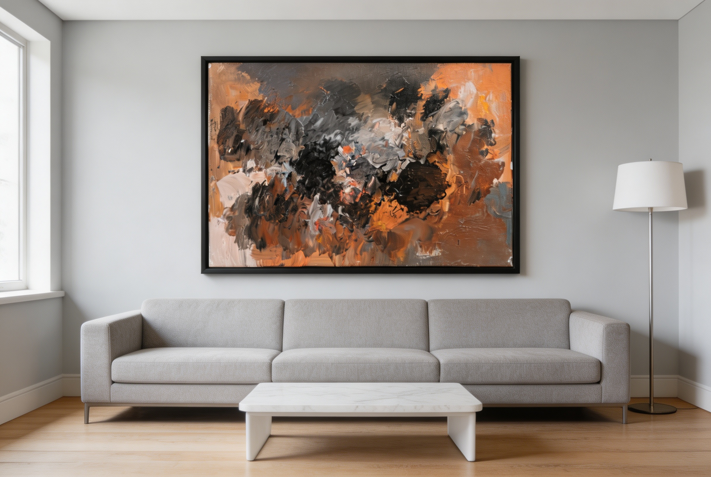 Abstract oil painting with charcoal gray and white strokes layered over a warm orange and brown ground