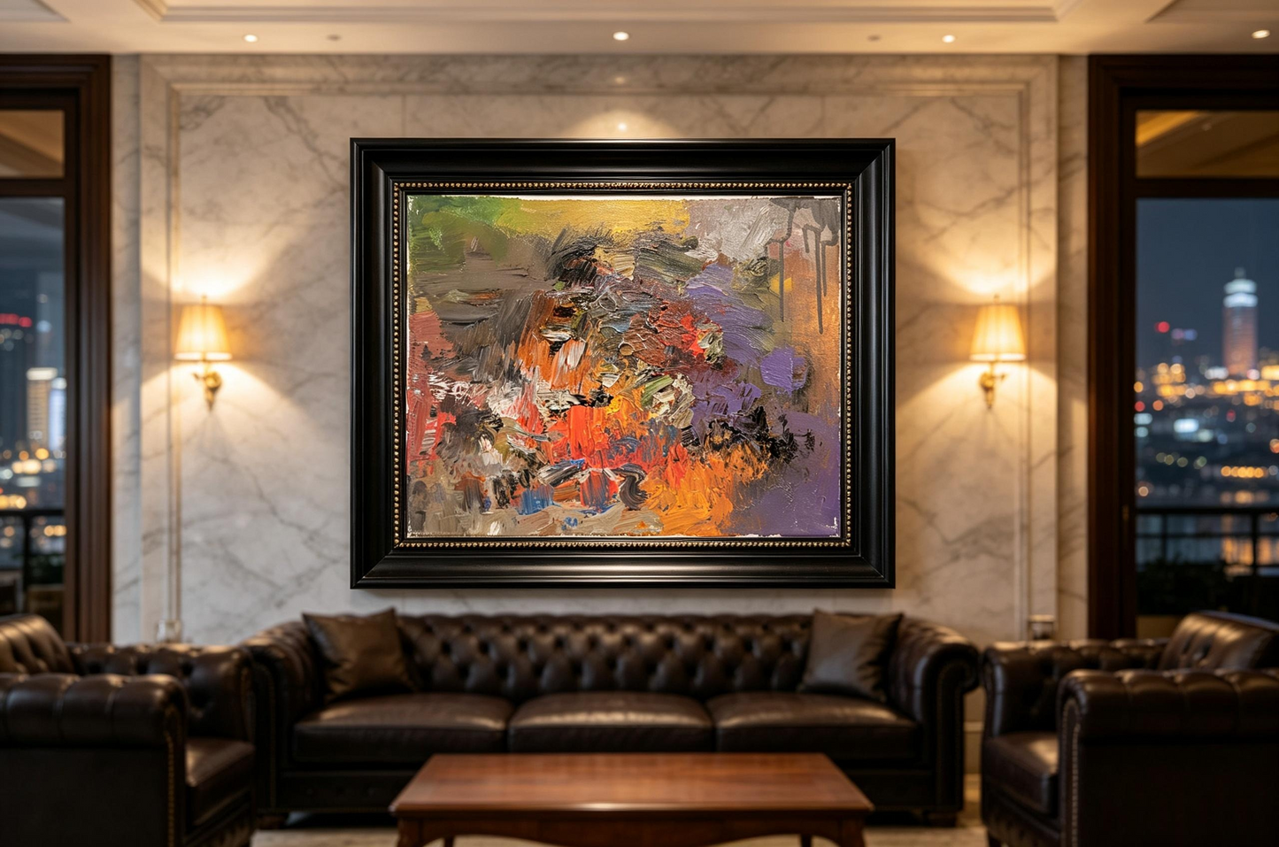 Abstract oil painting with a violet field, orange and crimson bands, and small blue accents