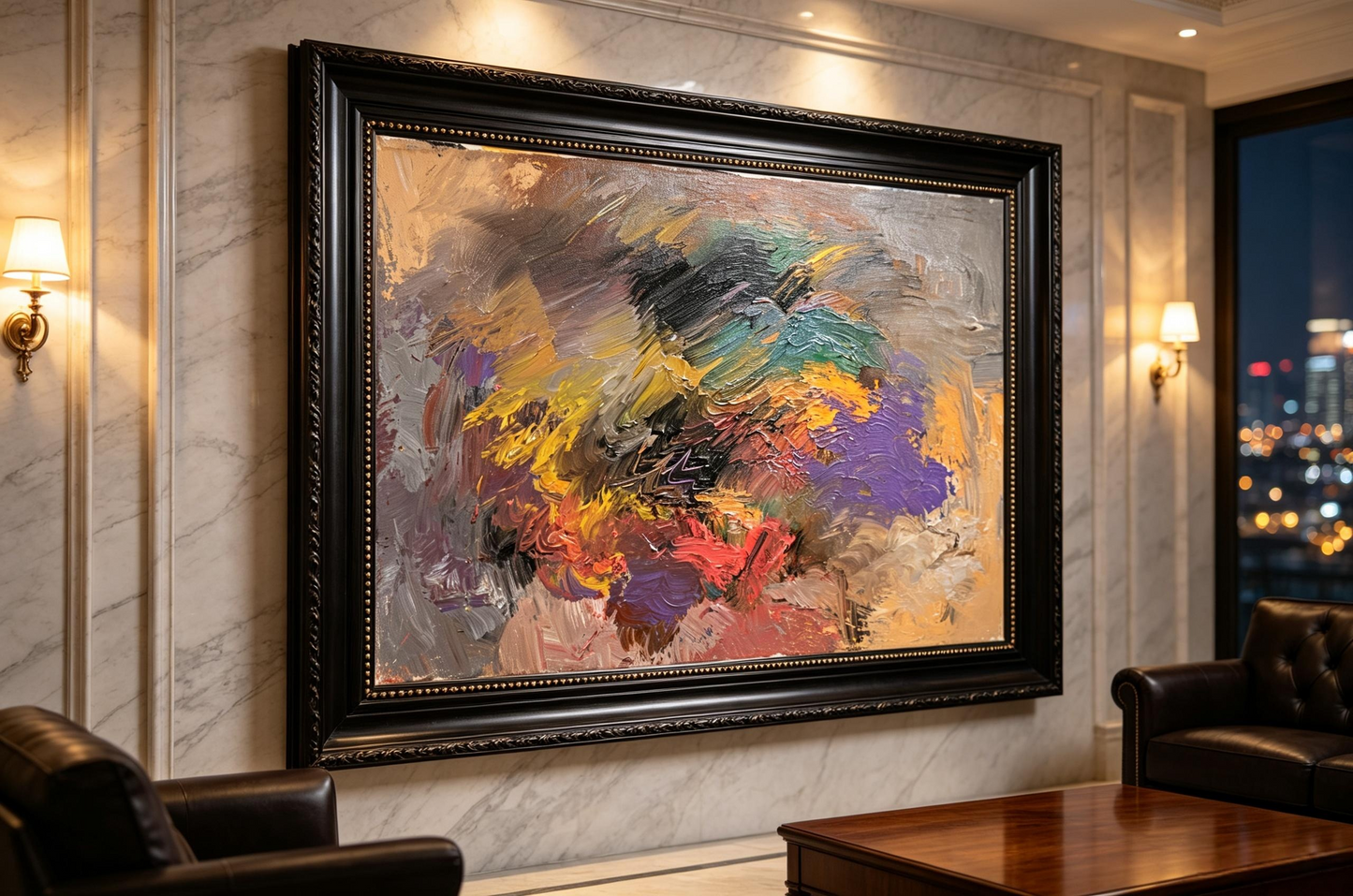 Abstract oil painting with beige background and layered colorful brushstrokes
