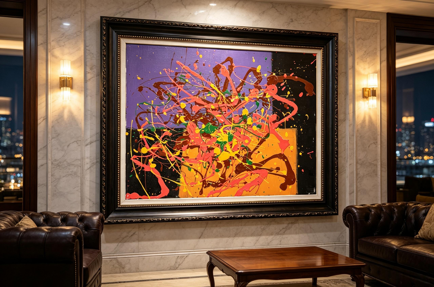Abstract oil painting with purple black orange blocks and pink yellow flowing lines