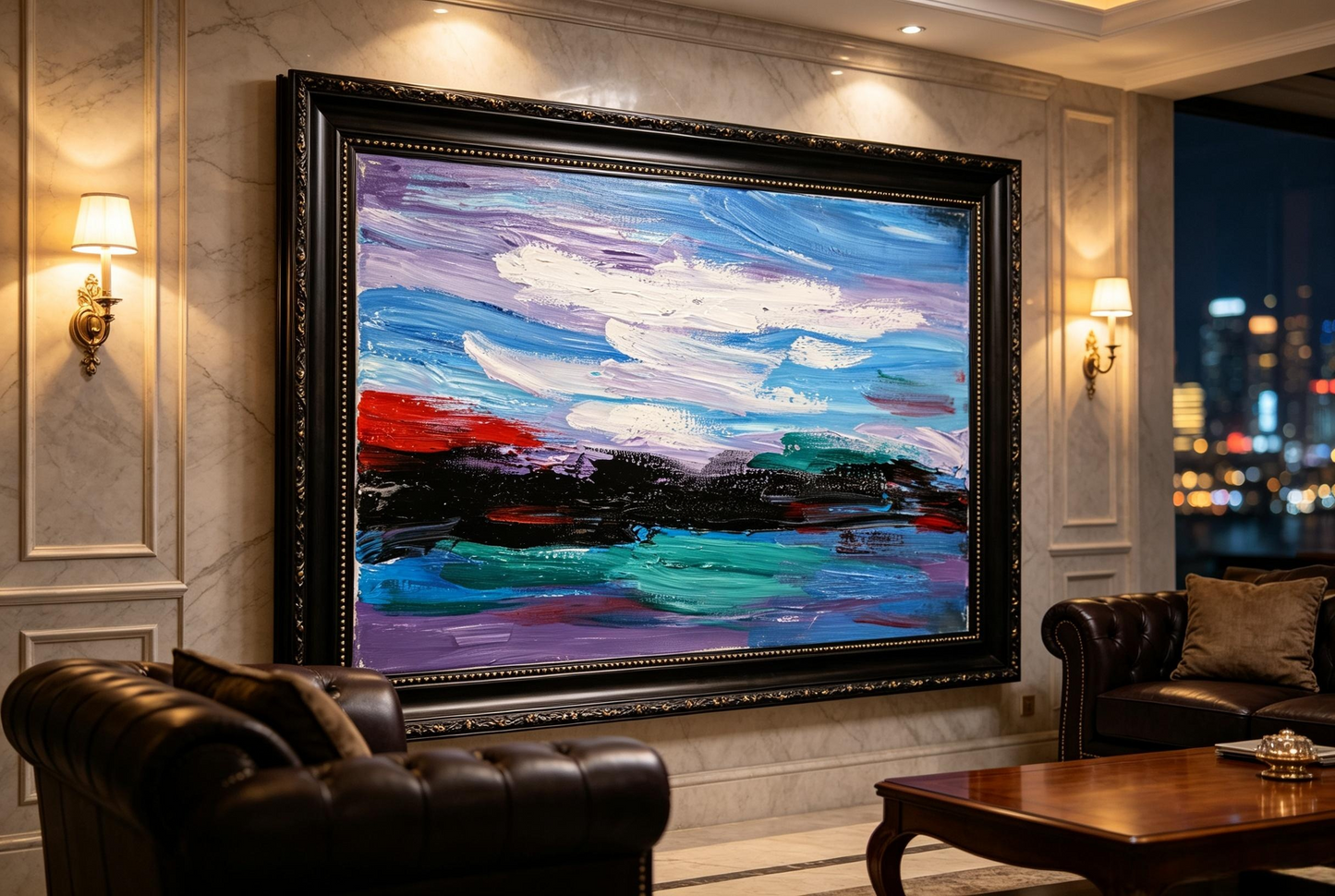 Abstract landscape oil painting with blue sky, white clouds, dark bands and teal blocks