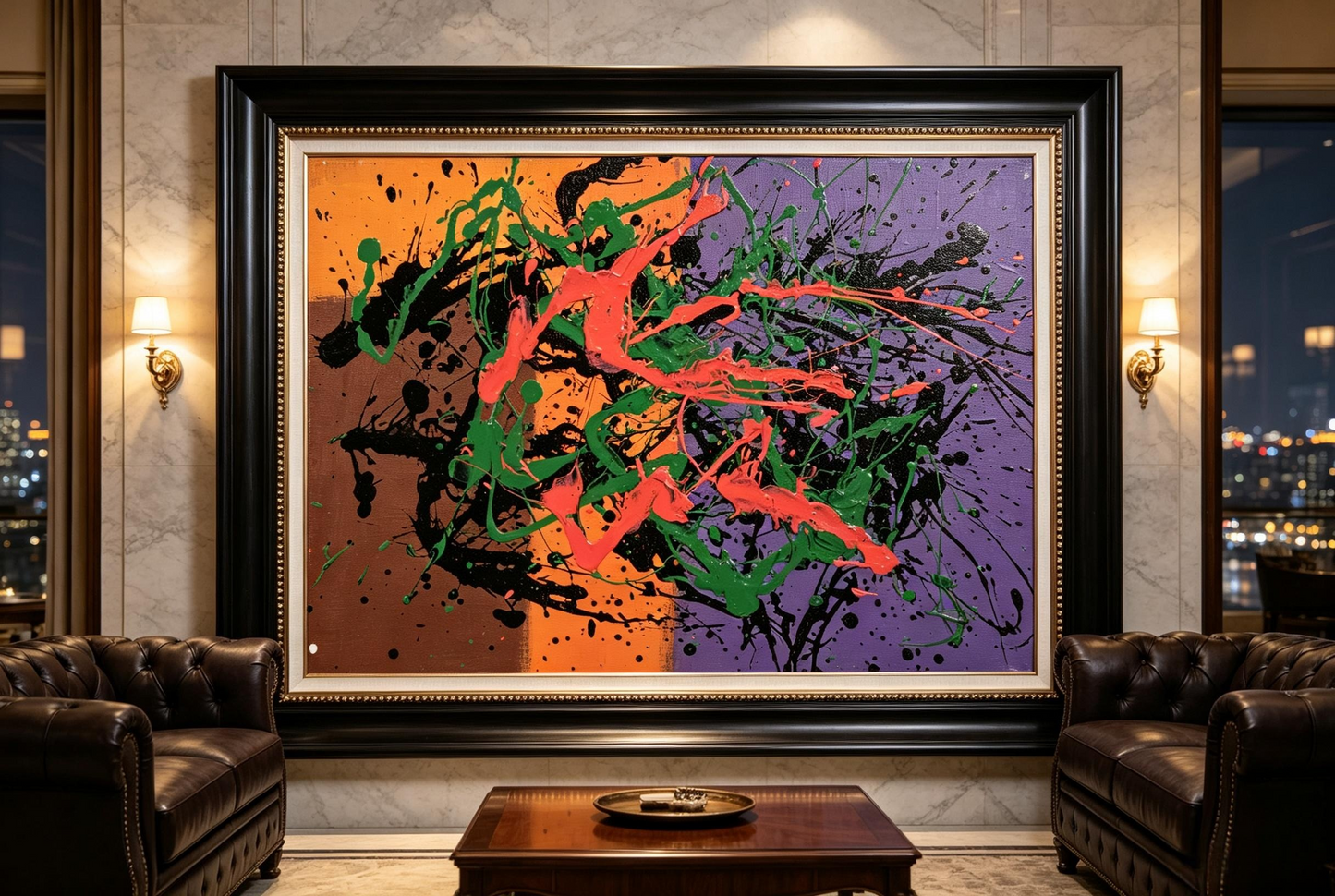 Abstract oil painting with orange-brown and purple halves, black splatters and green and pink strokes