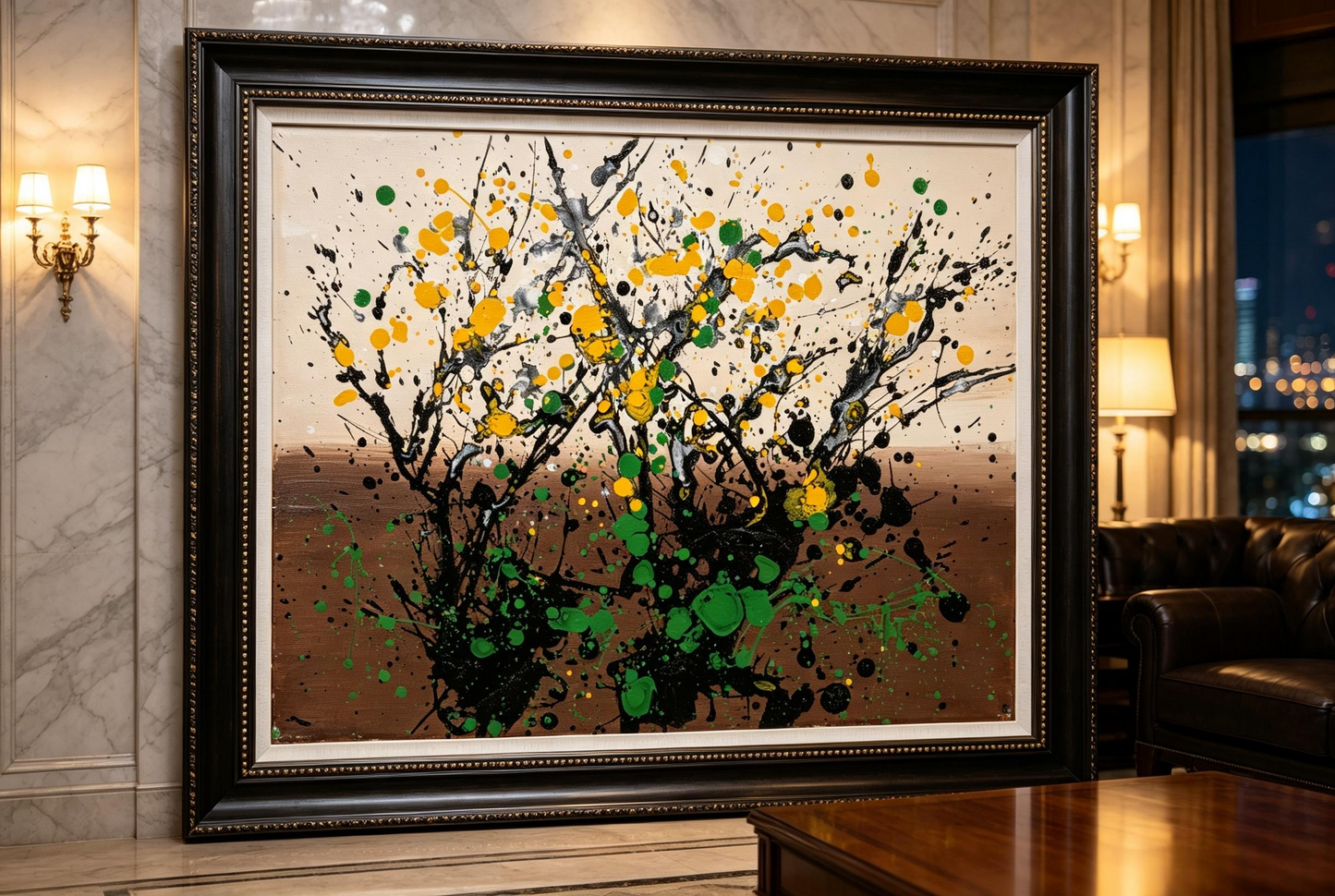 Abstract oil painting with black branching splashes and yellow and green dots on a cream and brown ground
