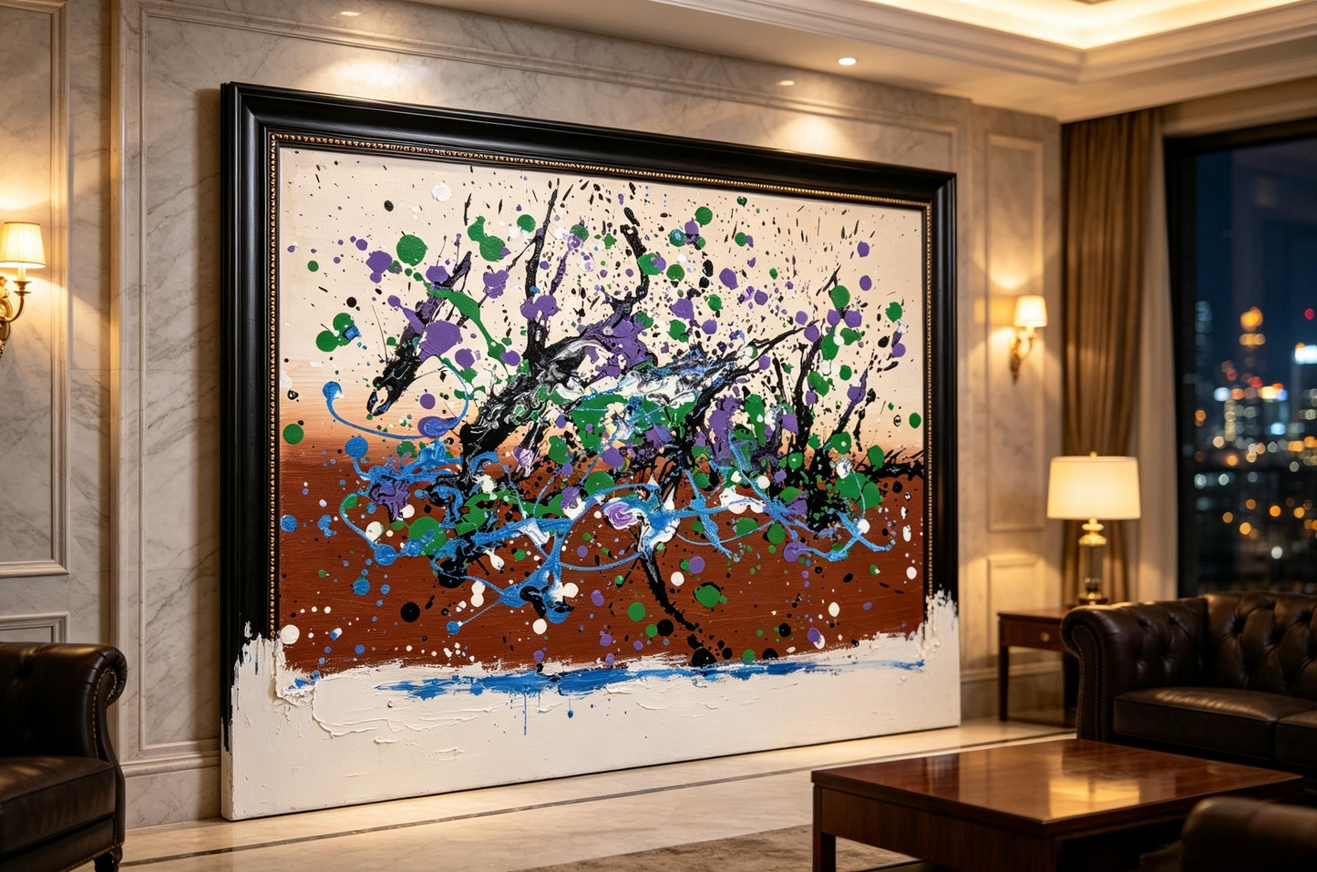 Abstract oil painting with black branch-like strokes, green and purple splatters, and blue flowing lines on a cream and brown ground