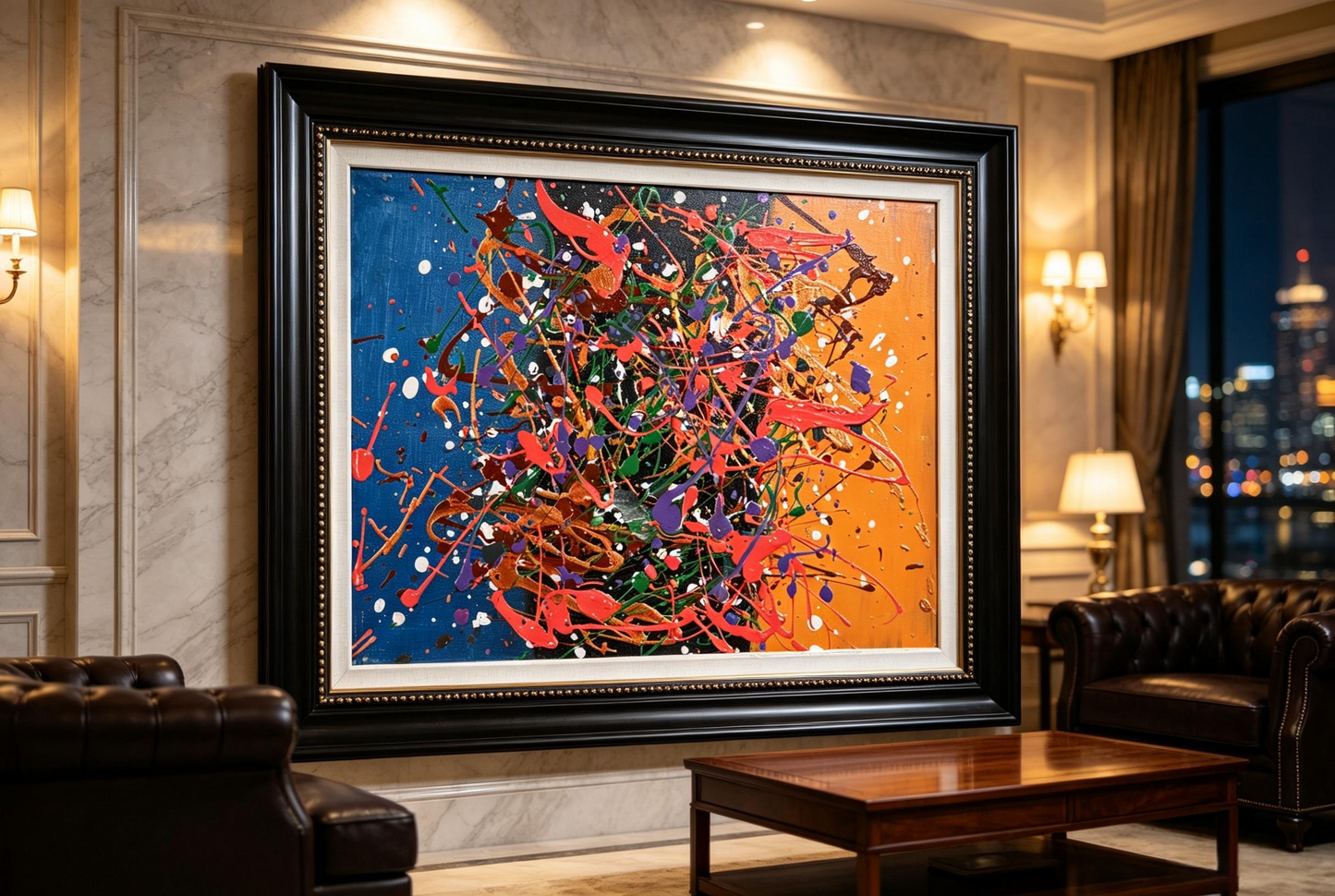 Drip oil painting with a split blue and orange ground, dense red, violet, green, and brown splatters, and scattered white flecks