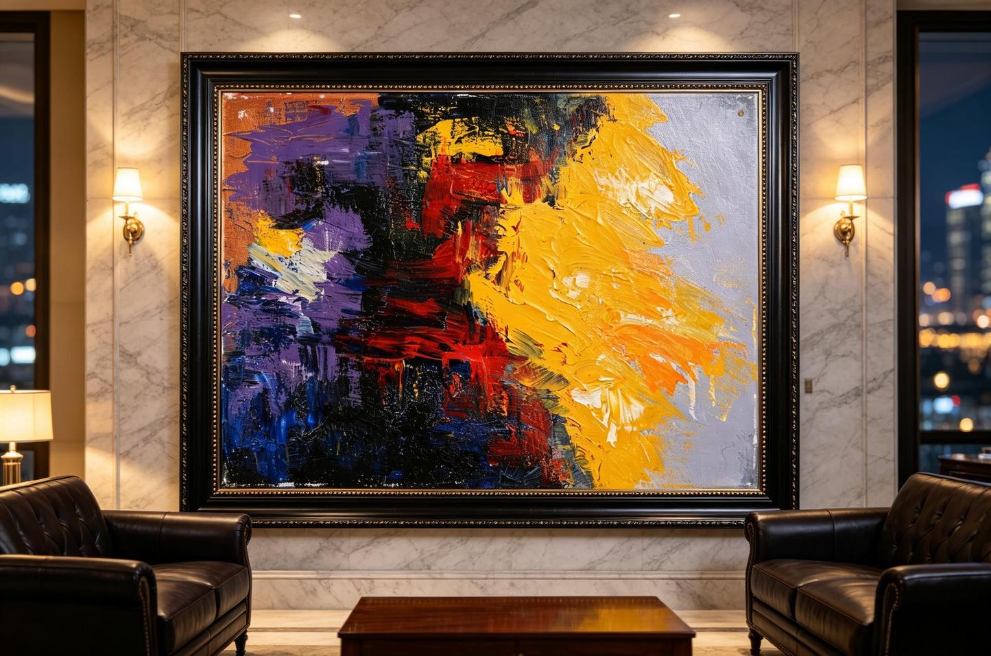 Abstract oil painting with violet and deep blue blocks on the left, vertical red and black strokes, and a broad yellow field on the right