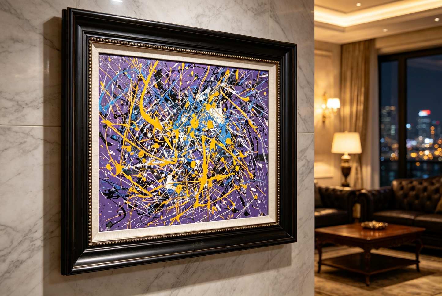 Abstract oil painting with gold and blue drips over a deep purple background