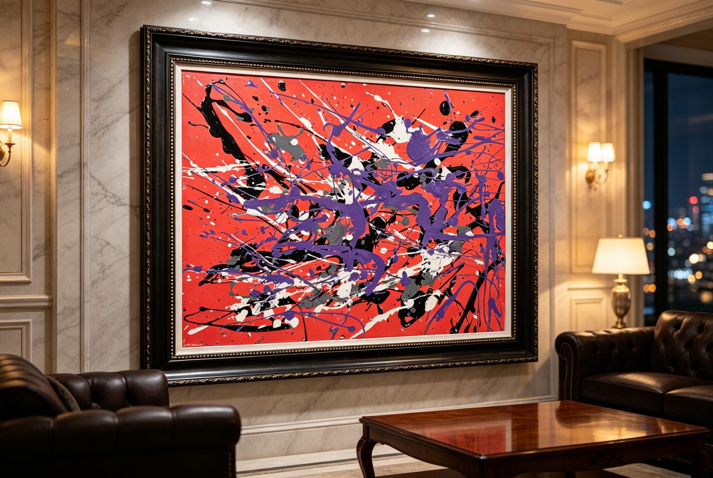 Abstract oil painting with purple and black splatters over a bright red background