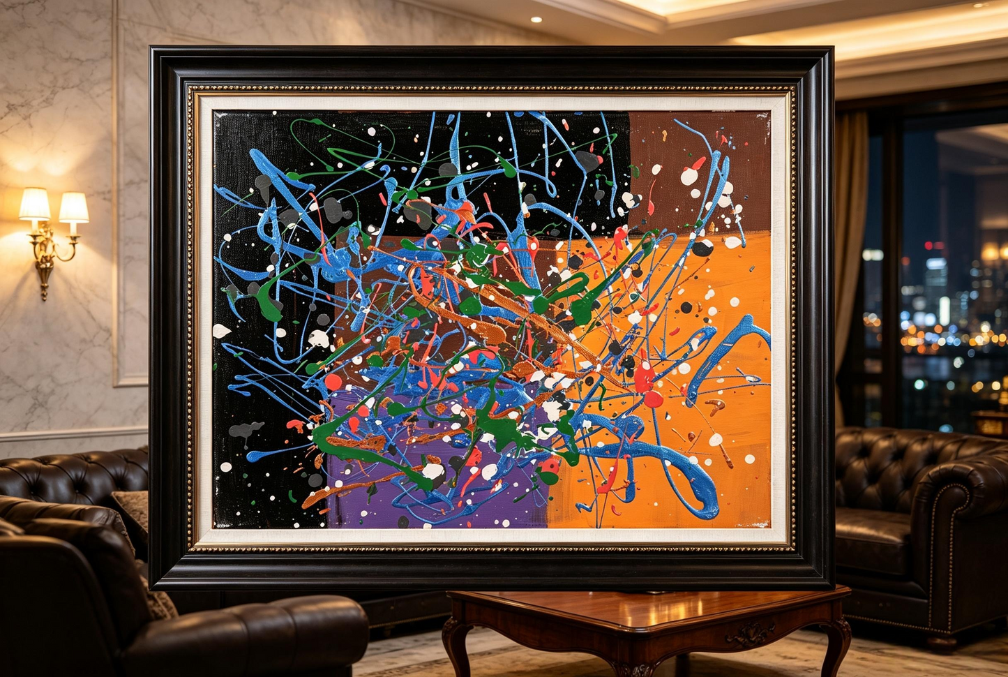 Abstract oil painting with colorful drips over black, brown, orange and purple blocks
