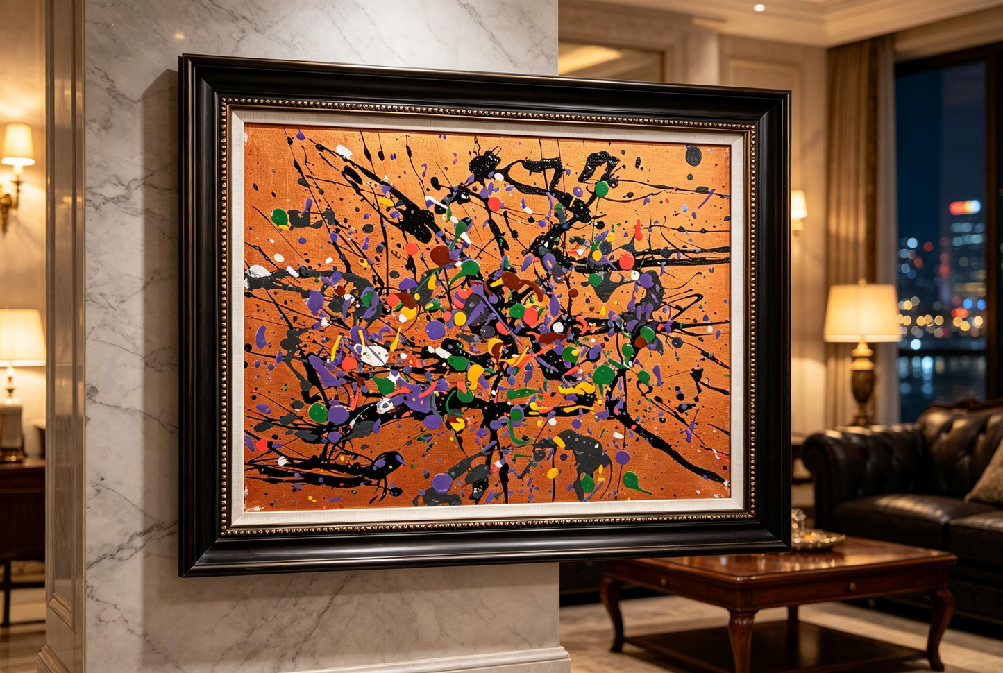 Abstract oil painting with colorful dots and black splatters over a warm brown background
