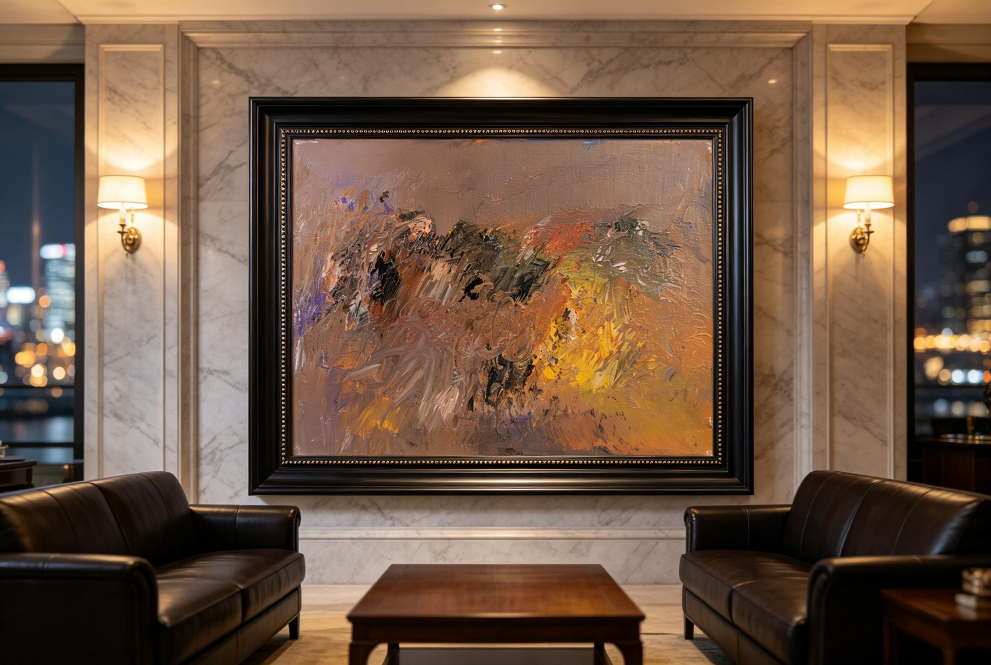 Abstract oil painting in muted brown and gray tones with soft dark and ochre strokes