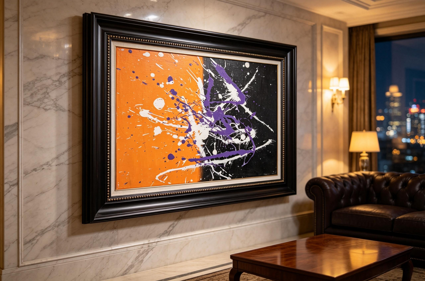 Abstract oil painting with orange and black split background and purple white splashes