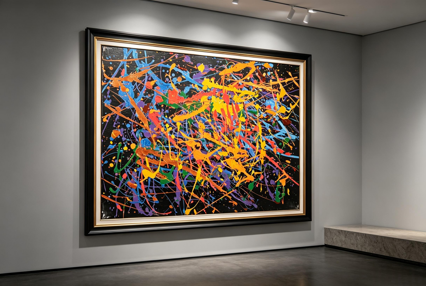 Multicolor drip abstract oil painting with layered bright strokes on black background