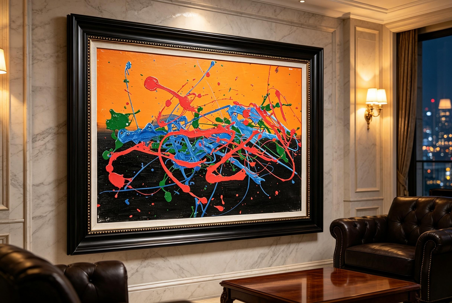 Abstract oil painting with orange black horizon split and red blue green splashes