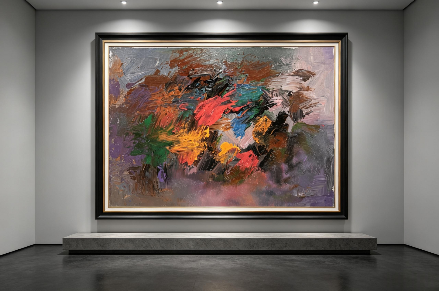 Abstract oil painting with muted gray-purple base and scattered red, orange, green, and blue brushstrokes