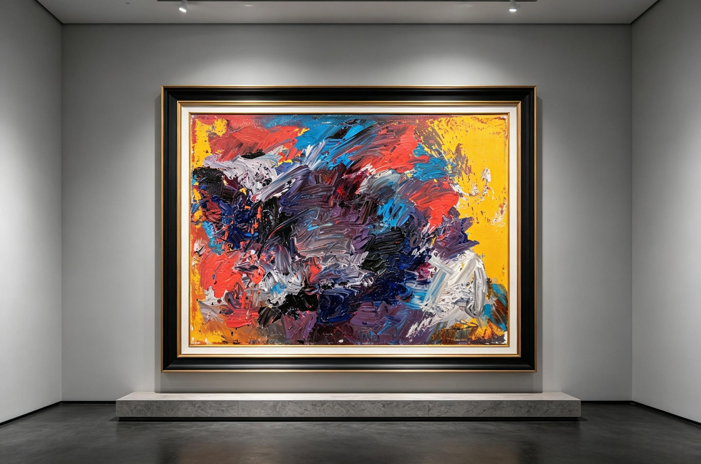Abstract oil painting with bright yellow background and thick red, blue, purple, and black strokes