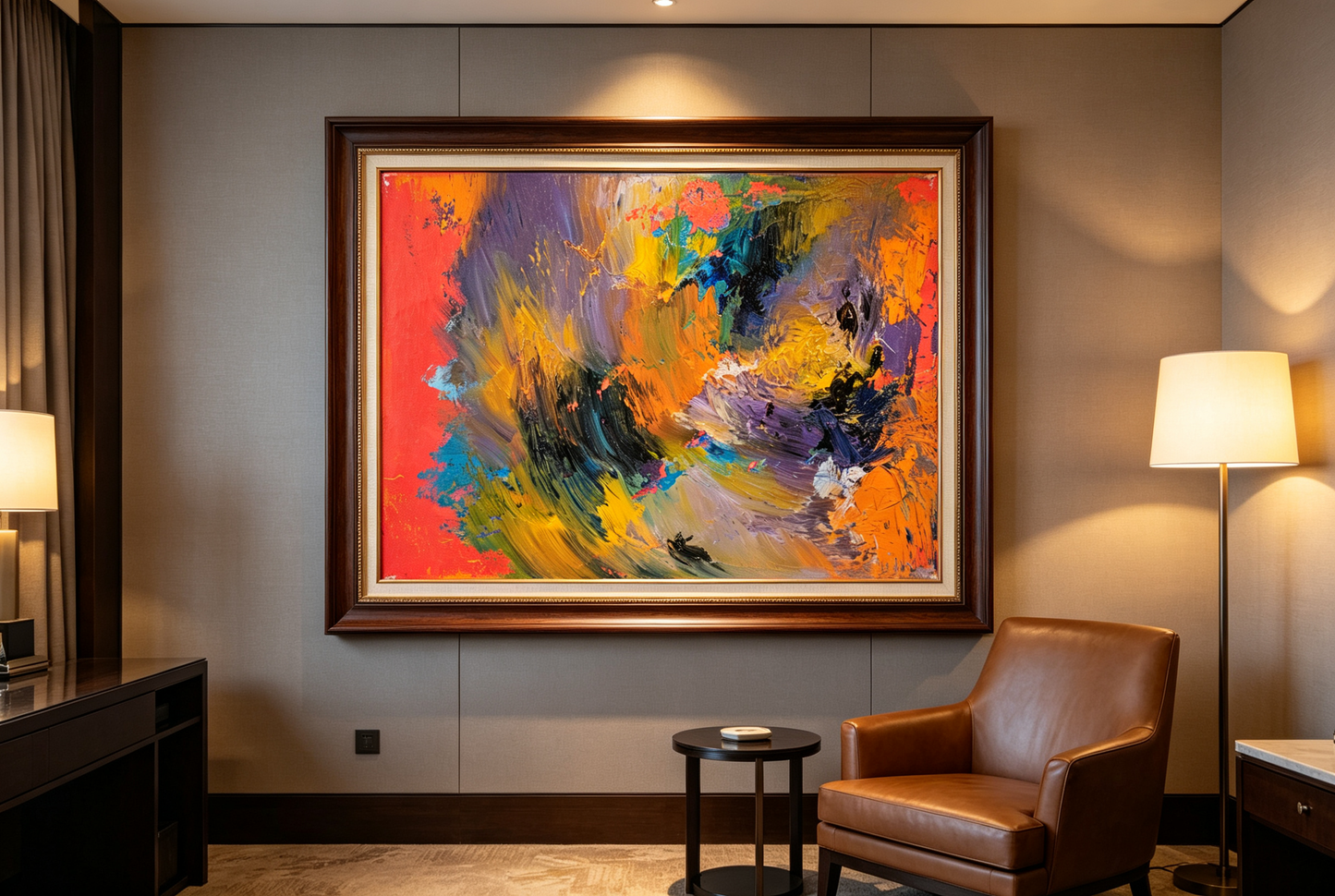Abstract oil painting with swirling gold, violet, and blue strokes framed by coral red edges