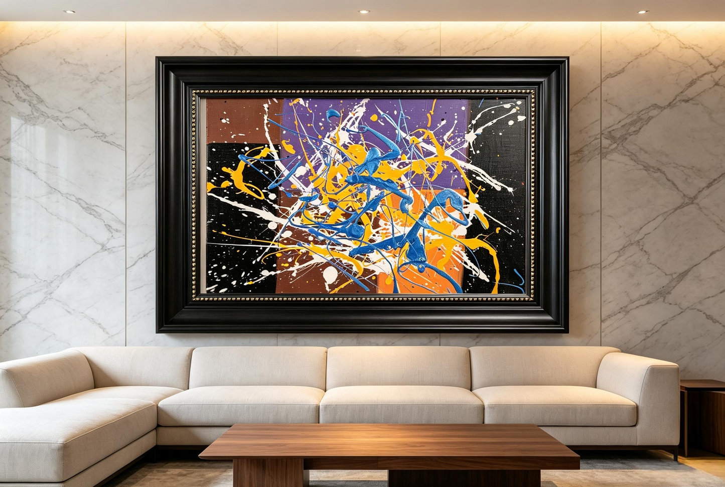 Abstract oil painting with blue, yellow, and white splatter lines over purple, brown, black, and orange blocks