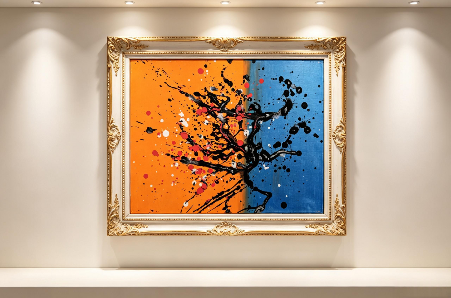 Abstract oil painting with orange and blue halves and black branch-like splatters across the center