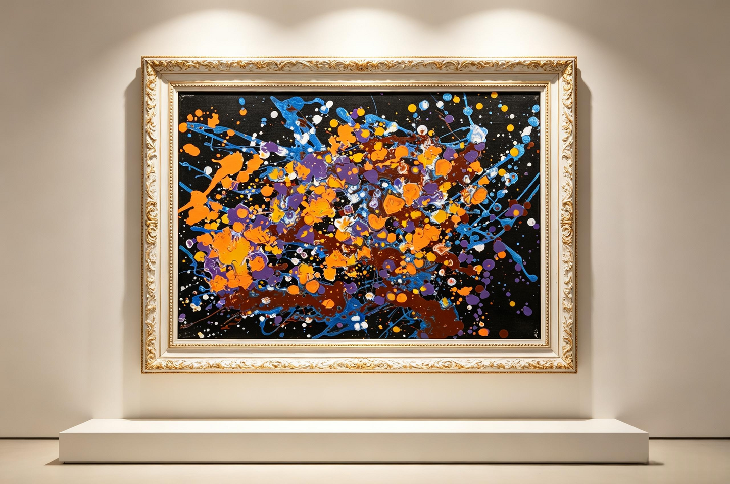 Abstract oil painting with orange, purple and blue splatters radiating outward on a black ground