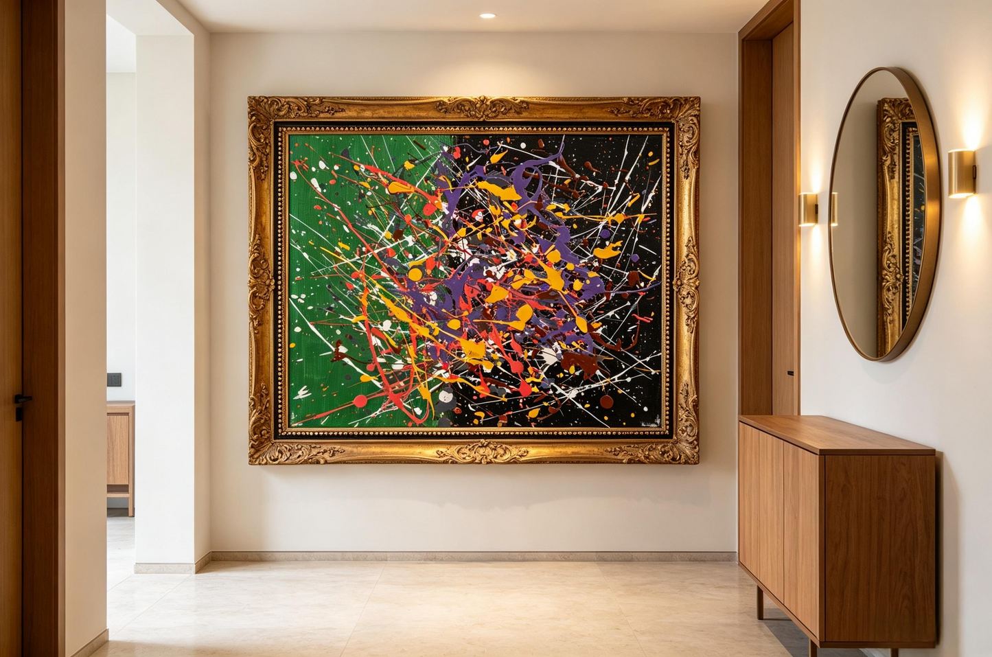 Abstract oil painting with green and black background and colorful splatter lines