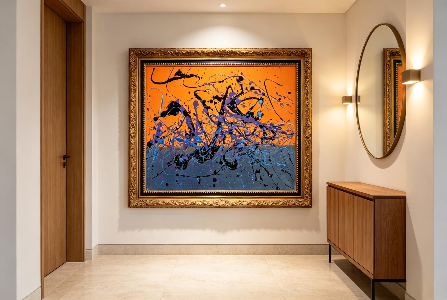 Abstract oil painting with orange background, gray base, and black blue purple drips