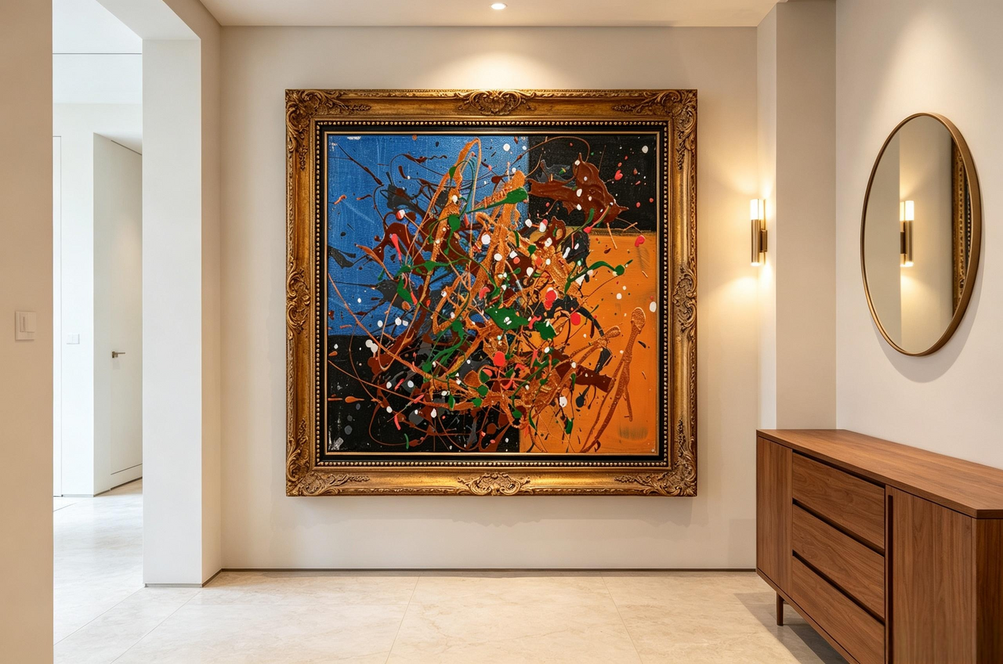 Abstract oil painting with blue black orange blocks and brown green red white splatters