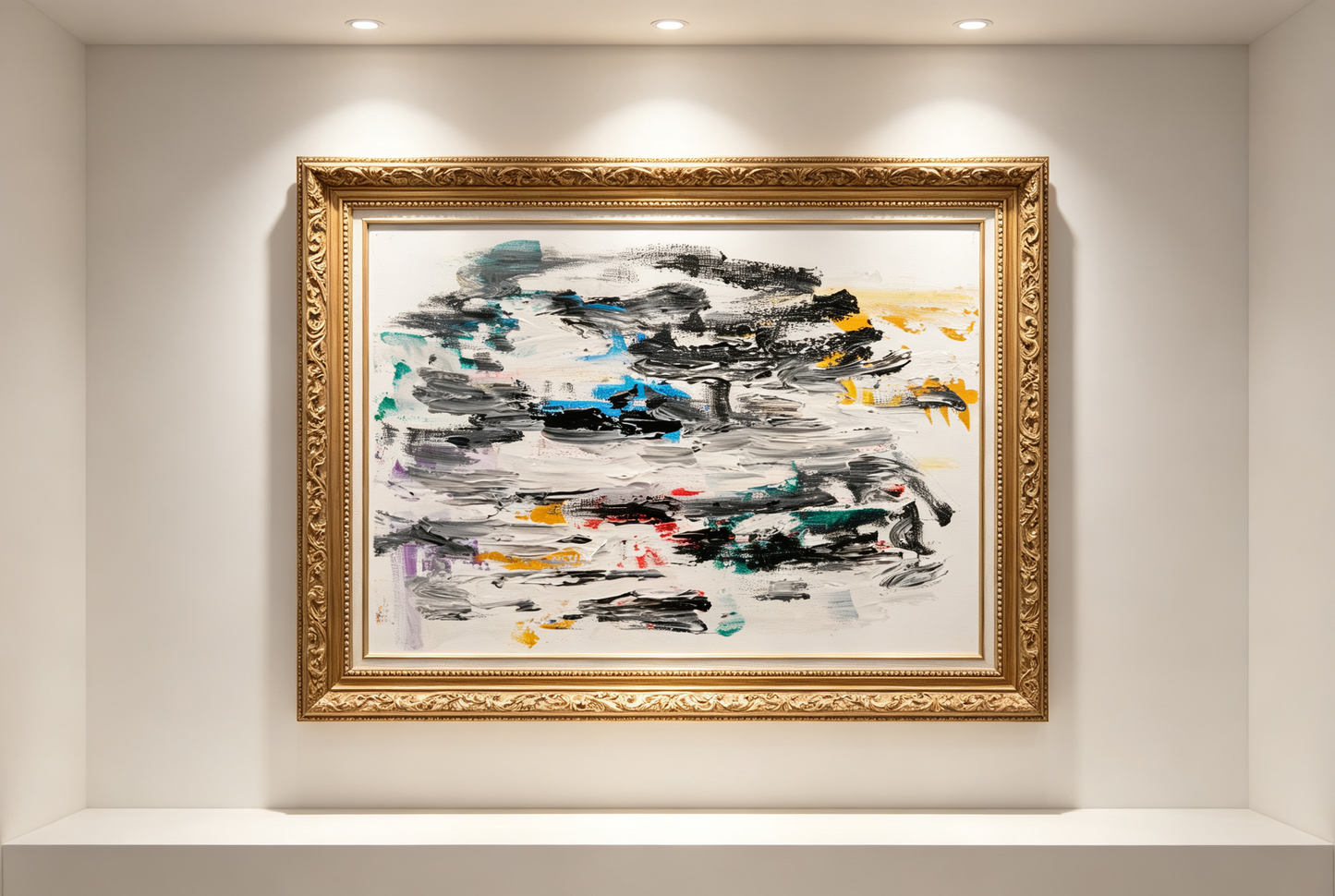 Abstract oil painting with black and grey brushstrokes and teal, blue, yellow accents on light background