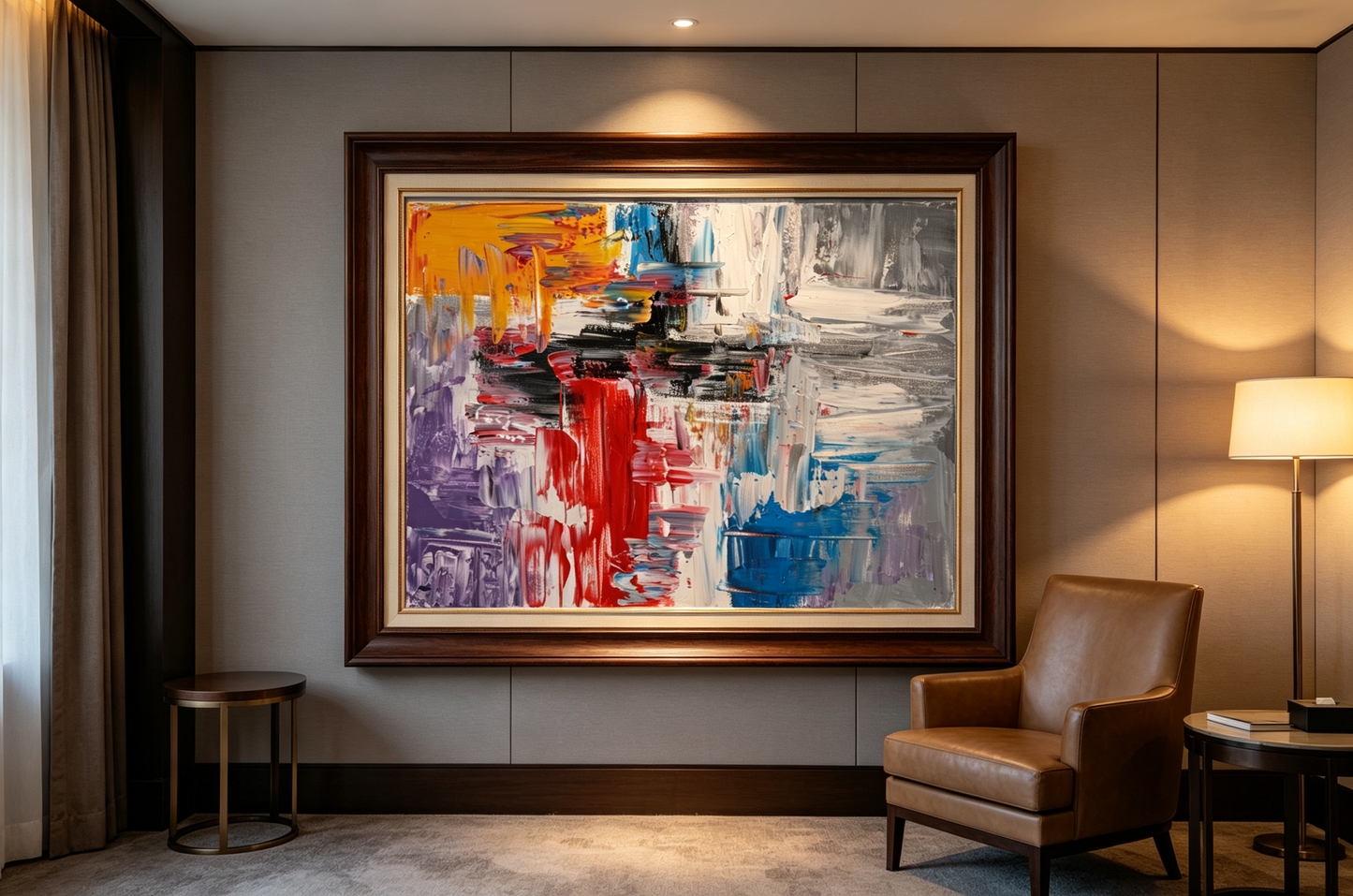 Abstract oil painting with red, orange, purple color blocks layered over grey and white textured strokes