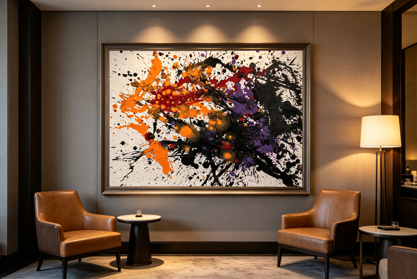 Abstract oil painting with explosive orange, red, purple splashes and bold black areas on white canvas