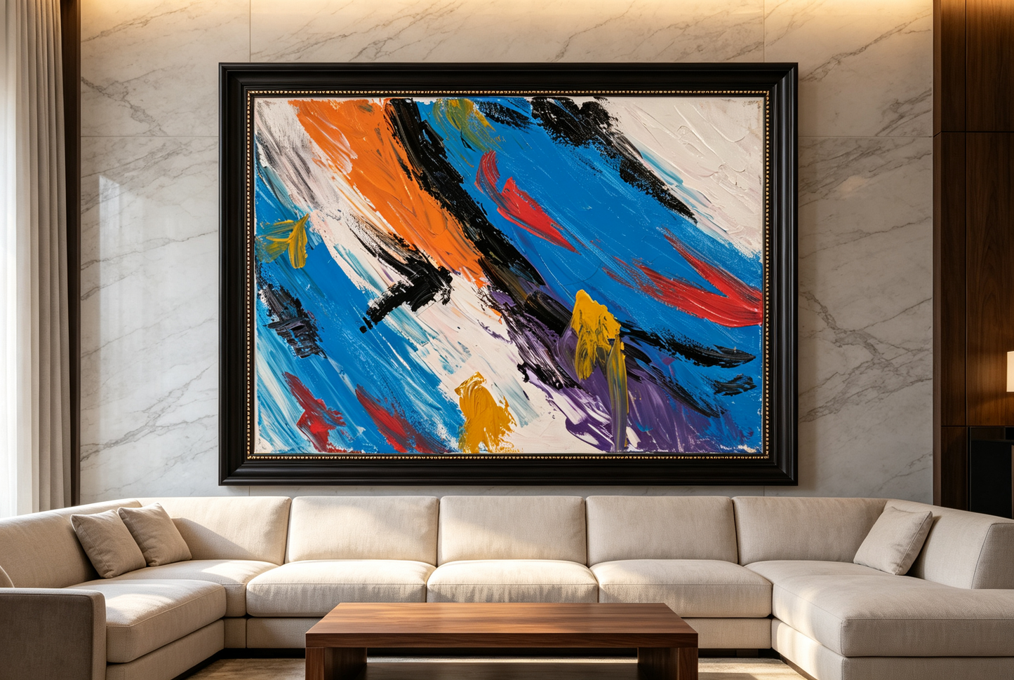 Abstract oil painting with diagonal blue, orange and black brushstrokes accented by red and yellow